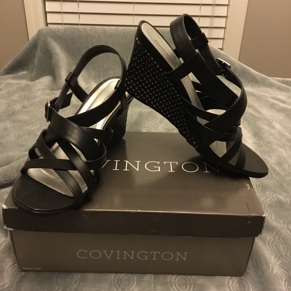 Covington size 9 1/2 Black Strappy Wedge Sandals